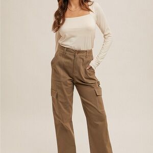 Hem & Thread Women's Brown Wide Leg Cargo Pants